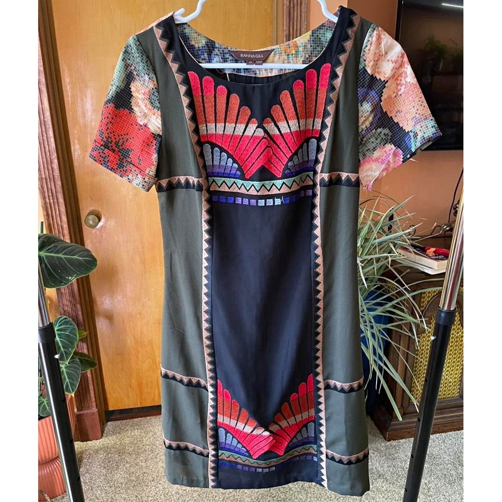 RANNA GiLL Multicolor Floral Embroidered Shift Dress Anthropologie Size 0 silk
